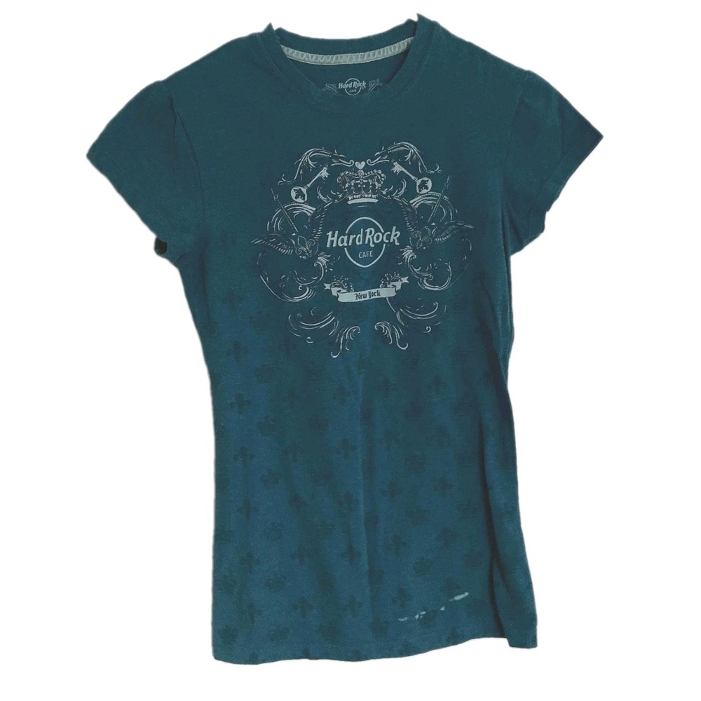 Hard Rock Cafe Shirt Womens M Teal New York Rock Couture Graphic Tee Bleach Spot